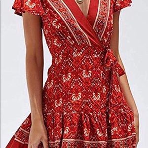 Red/Burnt Orange Floral Print Boho Dress